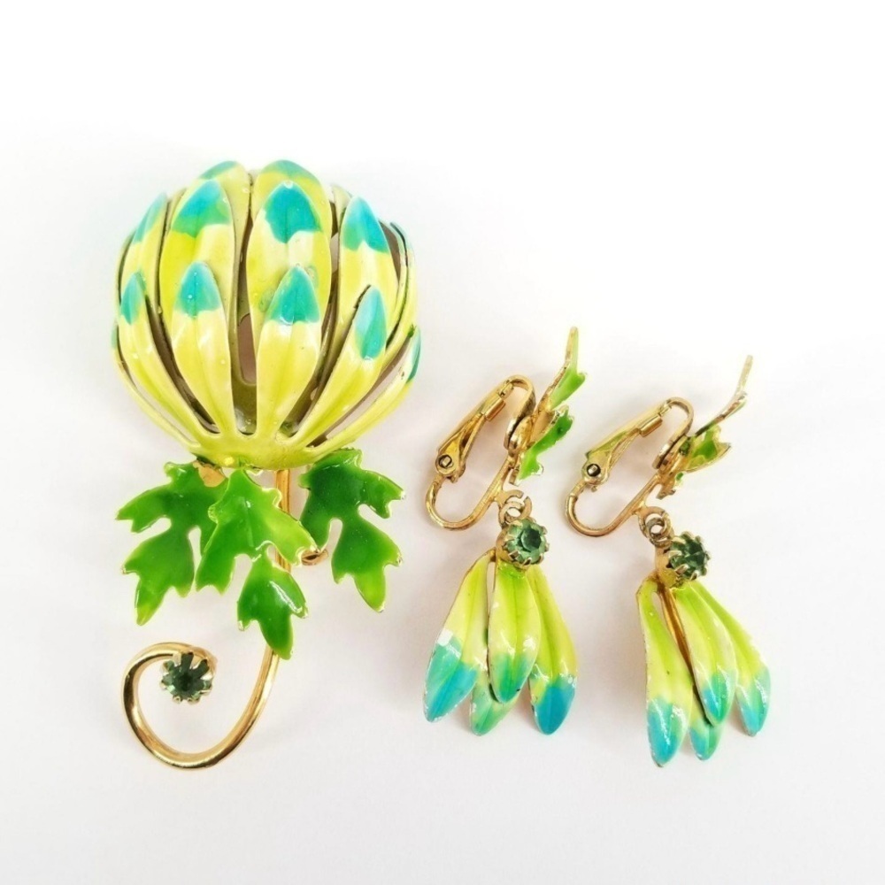 Vintage Botticelli Green Blue Yellow Enamel Floral Leaf Brooch Pin And Earrings